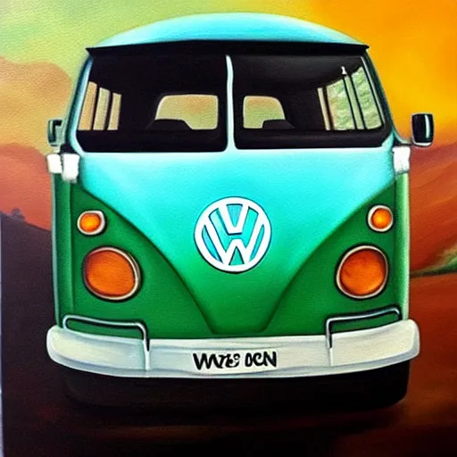 Prompt: a oil painting of a vw bus