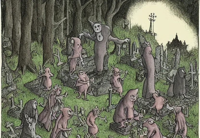 Image similar to possums dressed like a monk at a scary medieval cemetery in the middle of the forest at night, isometrical, highly detailed, by Maurice Sendak, colorized