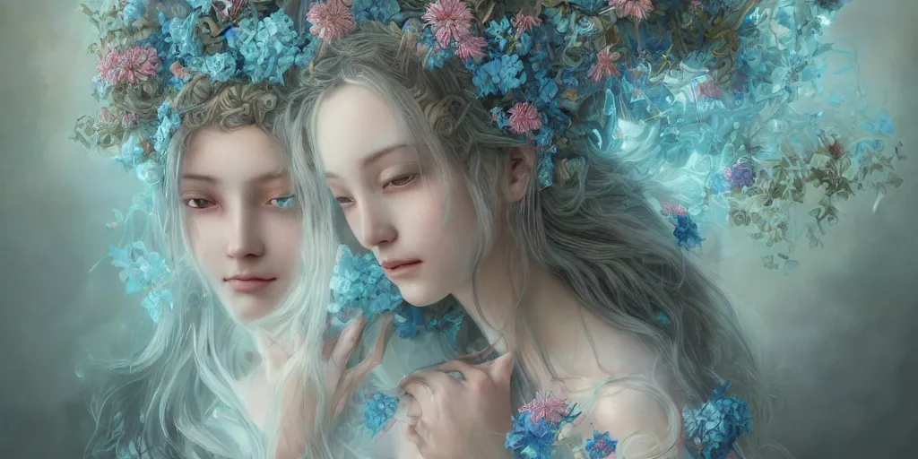 Prompt: breathtaking detailed concept art painting portrait of two hugs goddess of light blue flowers, carroty hair, orthodox saint, with anxious piercing eyes, ornate background, amalgamation of leaves and flowers, by hsiao - ron cheng, extremely moody lighting, 8 k