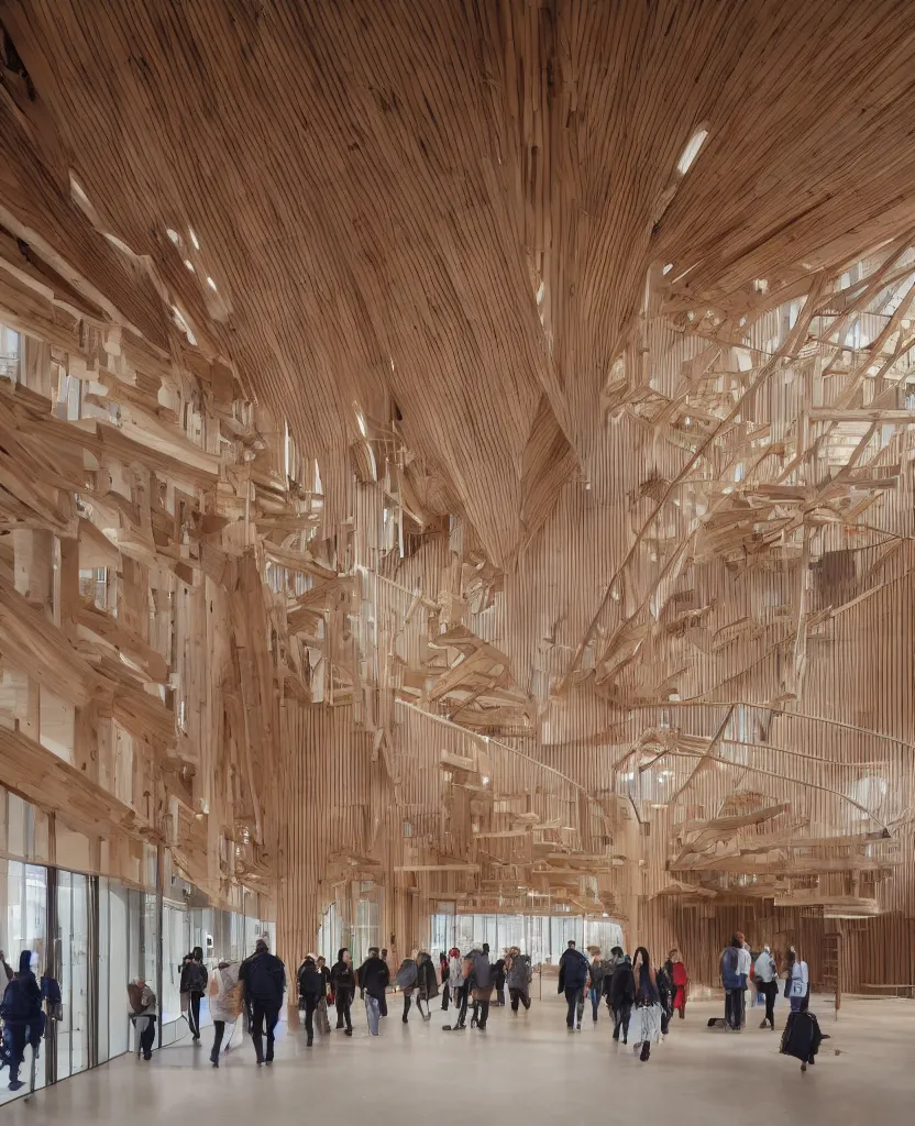 Image similar to a complex building interior, large wood joinery, people walking