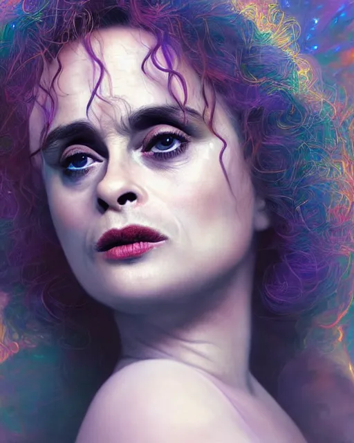 Image similar to Fullbody potrait of Helena Bonham Carter as an angel, hyper realistic, prismatic highlights, atmosphere, gorgeous, depth of field, cinematic, macro, concept art, 50mm, artstation, wlop, elegant, epic, weta digital, focus, octane render, v-ray, 8k, kodak portra, art by Liberatore