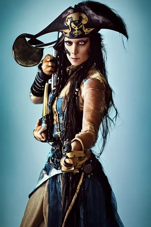 Image similar to a swashbuckling woman pirate portrait in national geographic, her clothing is sheer and futuristic, painted with iridescent bodypaint