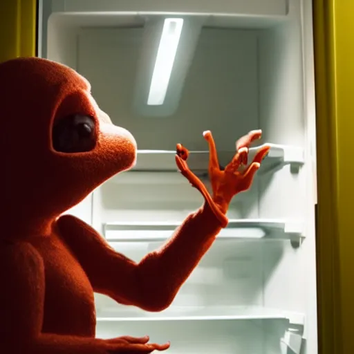 Image similar to candid photo of an alien looking for food in the fridge, cinematic night lighting