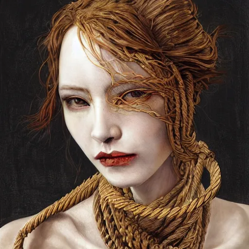 Image similar to portrait of a Shibari rope wrapped face and neck, headshot, insanely nice professional hair style, dramatic hair color, digital painting, of a old 18th century, traveler, amber jewels, baroque, ornate clothing, scifi, realistic, hyperdetailed, chiaroscuro, concept art, art by Franz Hals and Jon Foster and Ayami Kojima and Amano and Karol Bak,