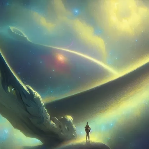 Prompt: ''cinematic shot'' a galaxy dragon made of all the galaxy in the space flying making peace in the universe stars planets realistic atmosferic made by ivan aivazovsky, peter mohrbacher, greg rutkowski volumetric light effect broad light oil painting painting fantasy art style sci - fi art style realism premium prints available artwork unreal engine