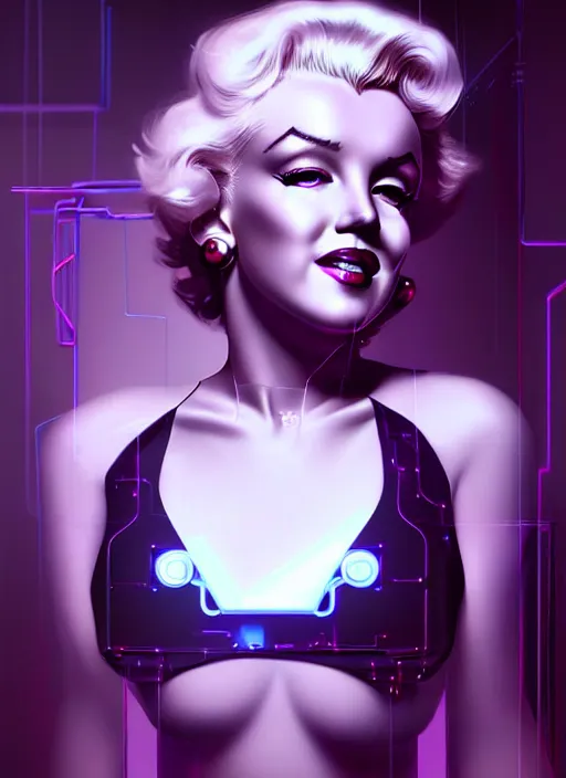 Image similar to portrait of marilyn monroe cyber humanoid, intricate, elegant, cyber neon lights, highly detailed, digital painting, artstation, glamor pose, concept art, smooth, sharp focus, illustration, art by artgerm and greg rutkowski