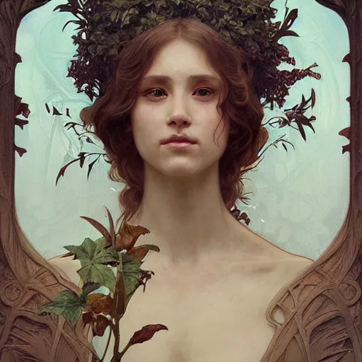 Image similar to portrait of a treefolk, intricate, elegant, highly detailed, digital painting, artstation, concept art, smooth, sharp focus, illustration, art by artgerm and greg rutkowski and alphonse mucha and william - adolphe bouguereau