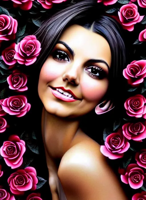 Image similar to amazingly complex portrait of Victoria Justice laying in a bed of black roses as a goddess staring curiously at you. soft detailed painting at 16K resolution and amazingly epic visuals. epically beautiful image. amazing effect, image looks gorgeously crisp as far as it's visual fidelity goes, absolutely outstanding. vivid clarity. ultra detail. iridescent. mind-breaking. mega-beautiful pencil shadowing. beautiful face. Ultra High Definition. soft shading. soft texture. intensely beautiful.