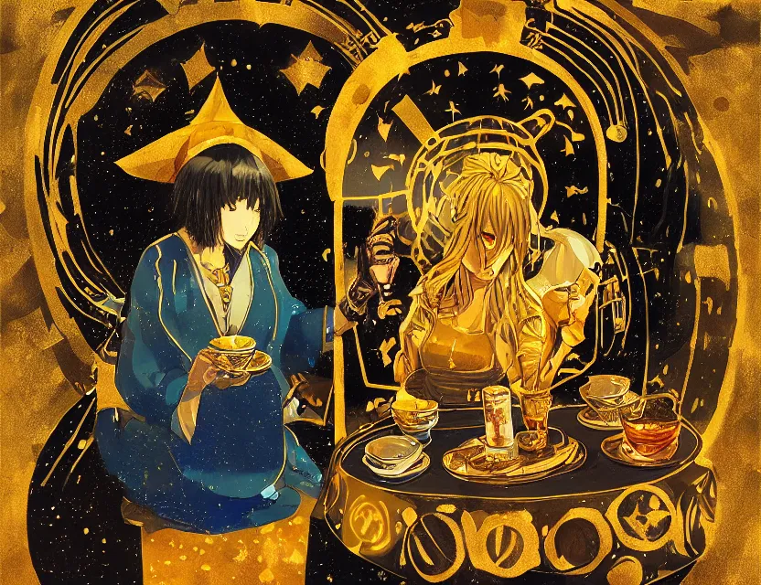 Image similar to priestess of space pigs in a cafe. gouache and gold leaf by award - winning mangaka, chiaroscuro, bokeh, backlighting, field of depth