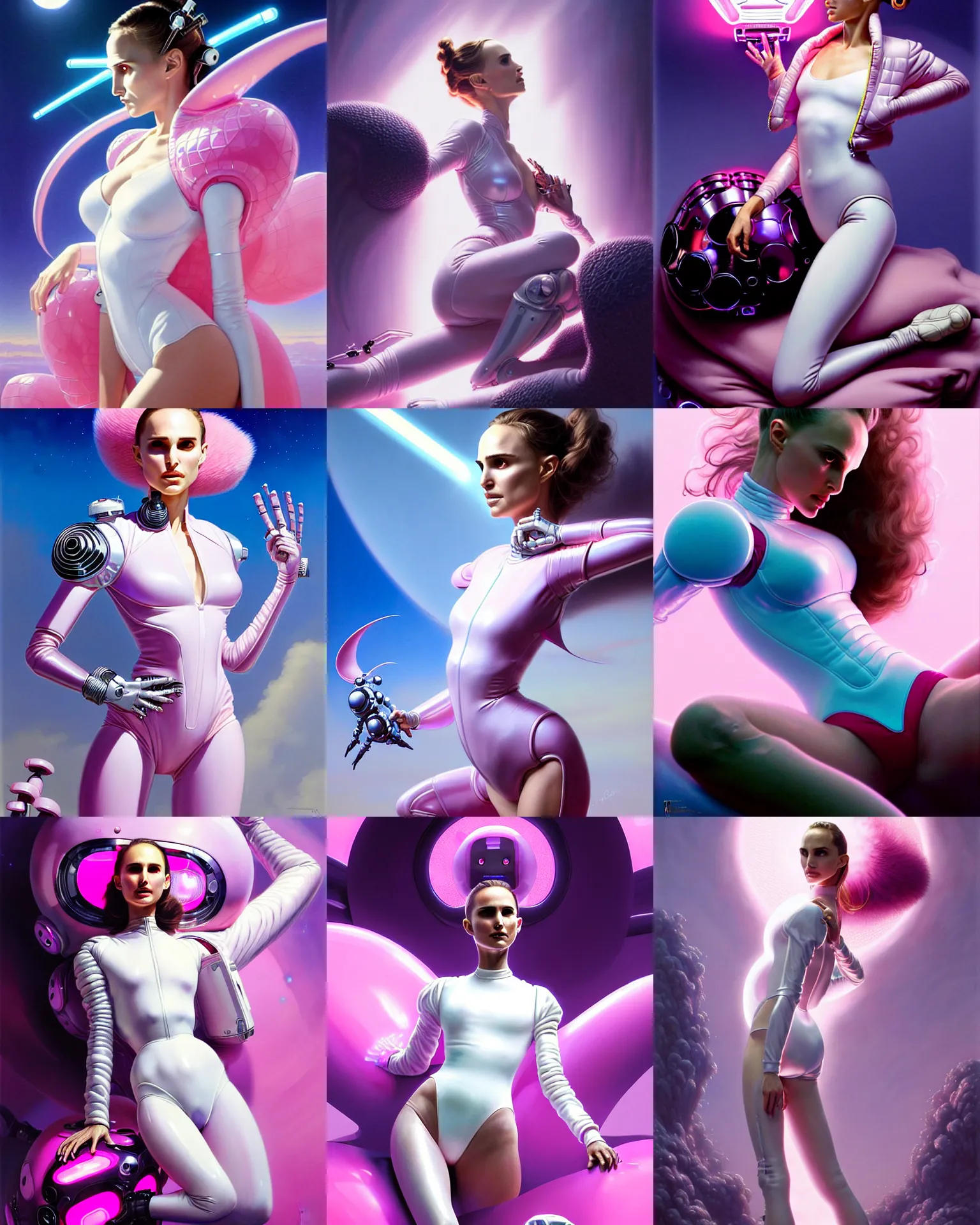 Image similar to beautiful fantasy character portrait, natalie portman, wearing pink puffy bomber jacket and white leotard, seductive reclining pose, futuristic chrome drones, ultra realistic, dramatic lighting, robots, the fifth element artifacts, highly detailed by peter mohrbacher, hajime sorayama, wayne barlowe, boris vallejo, aaron horkey, gaston bussiere, craig mullins