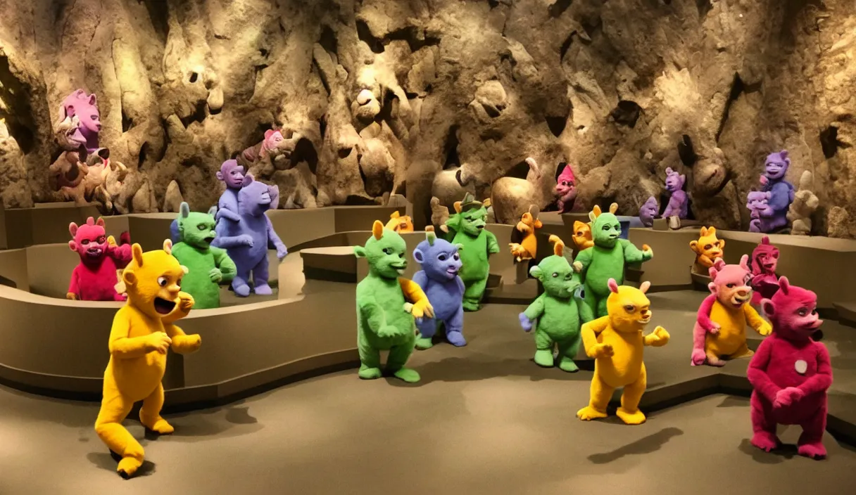 Prompt: diorama at the american museum of natural history, new york, of teletubbies as furry animals