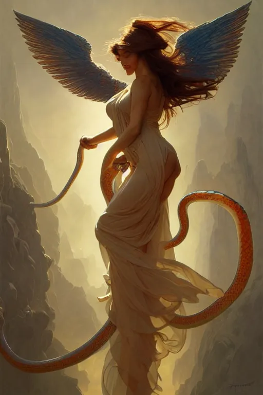 Image similar to angels that look like Weight lifters dancing with snakes, fantasy, amber eyes, face, long hair, intricate, elegant, highly detailed, digital painting, artstation, concept art, smooth, sharp focus, illustration, art by artgerm and greg rutkowski and alphonse mucha