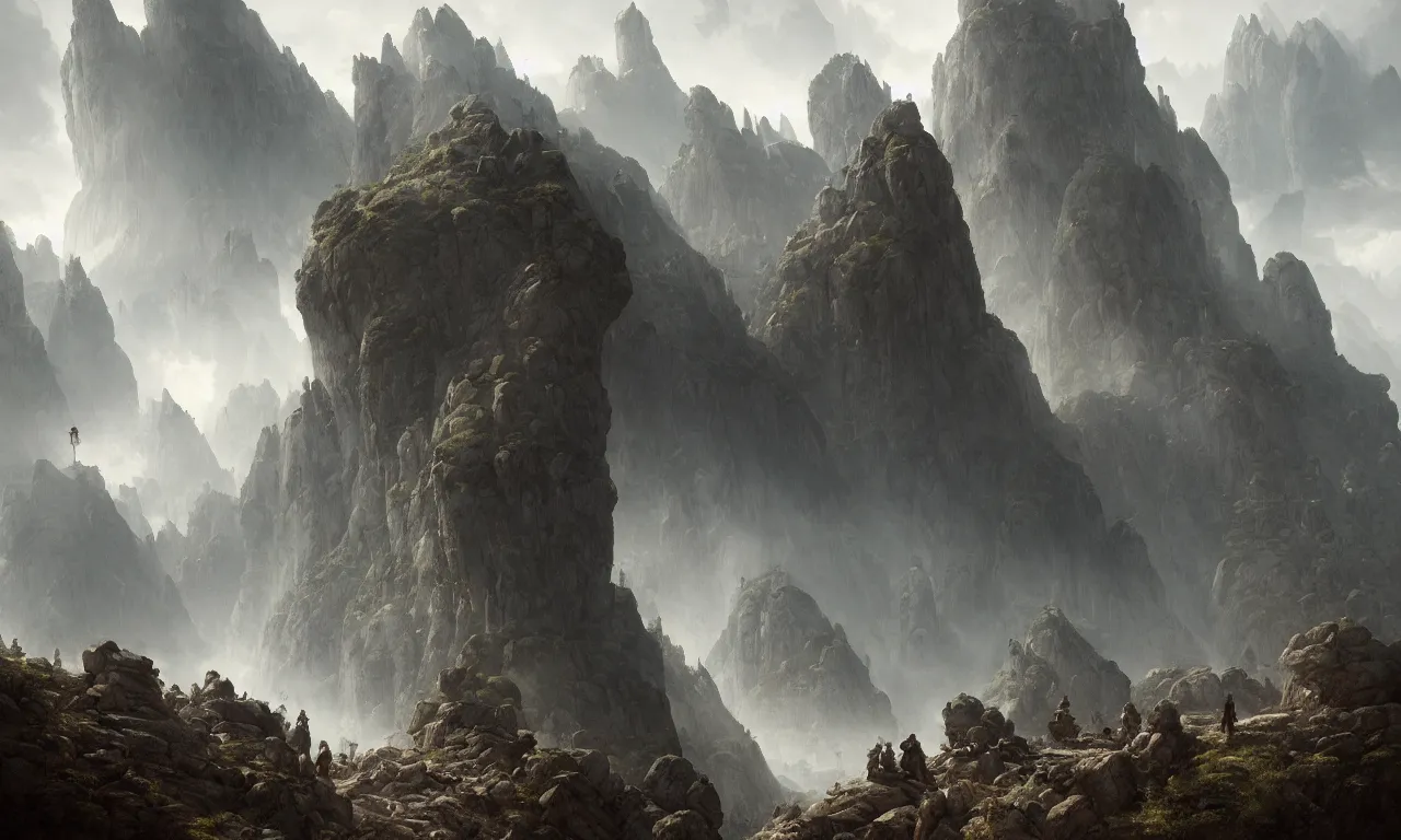 Prompt: stone giants lumbering in the forbidden mountains. greg rutkowski, andreas achenbach, artgerm, mikko lagerstedt, zack snyder, tokujin yoshioka