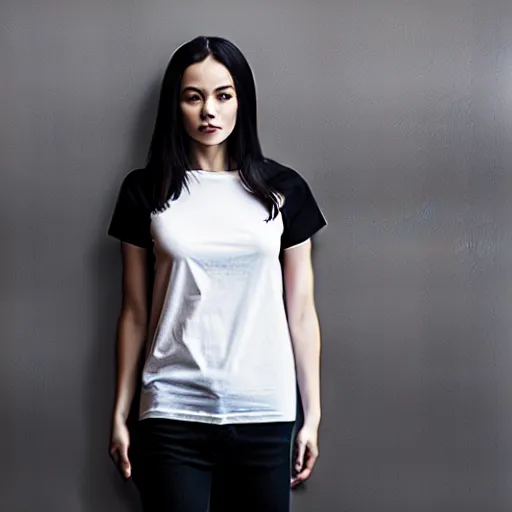 Prompt: clear photorealistic mockup product photograph of a blank black tshirt on an attractive female model in front of an indoor room background - h 7 0 4