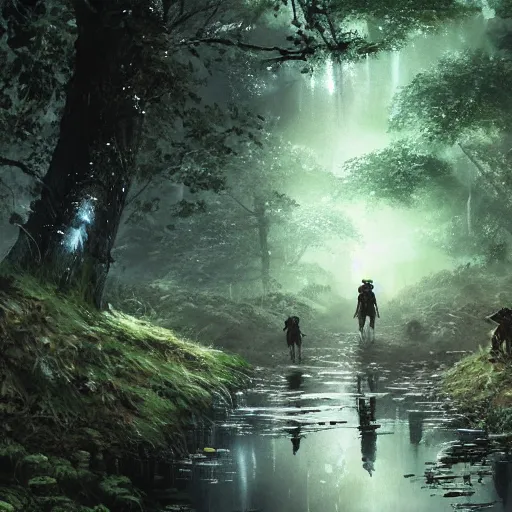 Prompt: tiny mushroom people walking by a stream in a lush forest, dramatic lighting, illustration by Greg rutkowski, yoji shinkawa, 4k, digital art, concept art, trending on artstation