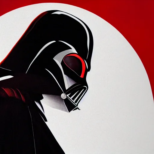 Prompt: A film poster of a face split between Darth Vader and Anakin Skywalker; two tone, black and red; photorealistic