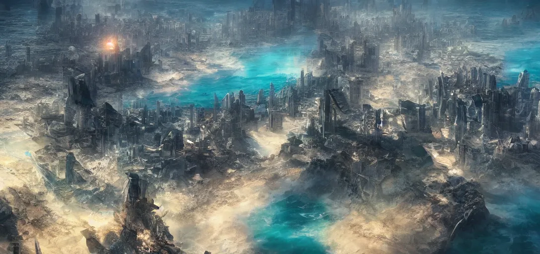 Image similar to A city sinking into the ocean, matte painting, digital art, trending on artstation, award-winning art, dramatic, 8k