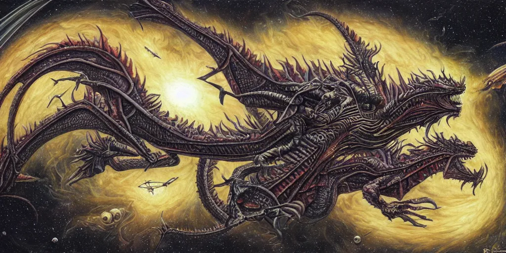 Prompt: an alien dragon flying through outer space by dan seagrave art