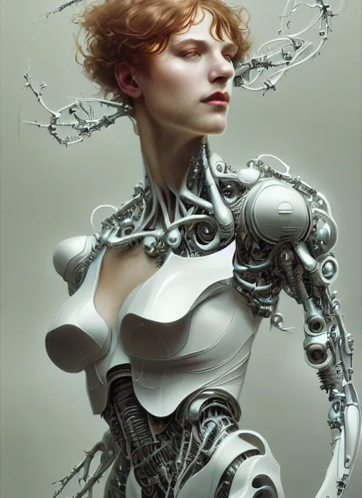 Image similar to organic cyborg, white plastic, diffuse lighting, fantasy, intricate, elegant, highly detailed, lifelike, photorealistic, digital painting, artstation, illustration, concept art, smooth, sharp focus, art by John Collier and Albert Aublet and Krenz Cushart and Artem Demura and Alphonse Mucha