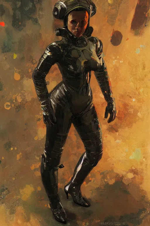 Image similar to pulp scifi fantasy illustration full body portrait of elegant strong woman wearing latex spacesuit, by norman rockwell, jack kirby, bergey, craig mullins, ruan jia, jeremy mann, tom lovell, 5 0 s, astounding stories, fantasy