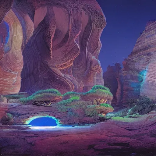 Prompt: sandstone slot canyon illuminated by electronic LED petrel parade, bioluminescent waterfall, night, by Darrell Riche, stephan martiniere, Mœbius and roger dean, unsplash contest winner, 1975, tall, intricate matte painting