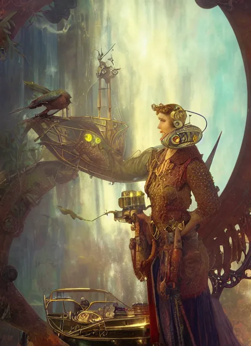 Image similar to hyper realistic fisherman, birds eye view, magical, gems, jewels, gold, steampunk, cyberpunk utopia, painted by tom bagshaw, mucha, gaston bussiere, craig mullins, j. c. leyendecker 8 k