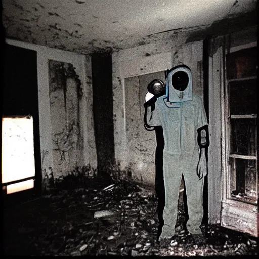Image similar to 1 9 9 3, disposable camera, flash, old abandoned house, mutant flesh creature