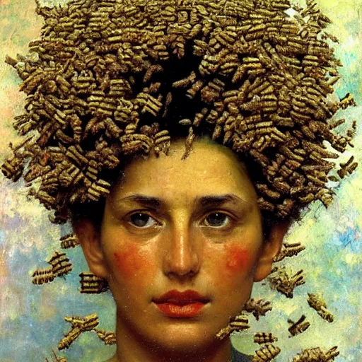 Image similar to a sculpture portrait made of bees and honey and flowers and plants, painting part by wojciech siudmak, part by ilya repin, part by max ernst, part by norman rockwell, artstation