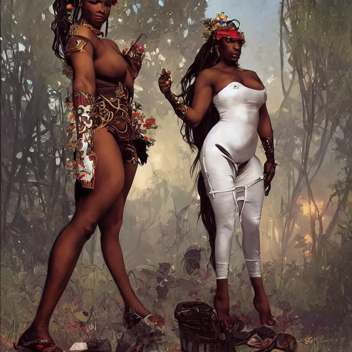 Image similar to african domme mistress, dominatrix full body, dominatrix, tribal, smooth white tight clothes, ornate, very beautiful, concept art, realistic painting, digital art by greg rutkowski, by alphonse mucha
