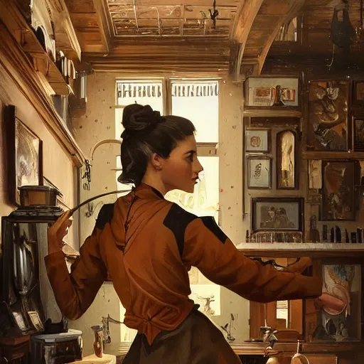 Prompt: brown black coat standing in the old antique shop, deep focus, turnaround, pulp art, fantasy, intricate, elegant, highly detailed, digital painting, artstation, concept art, matte, sharp focus, illustration, hearthstone, art by rhads and artgerm and greg rutkowski and alphonse mucha.