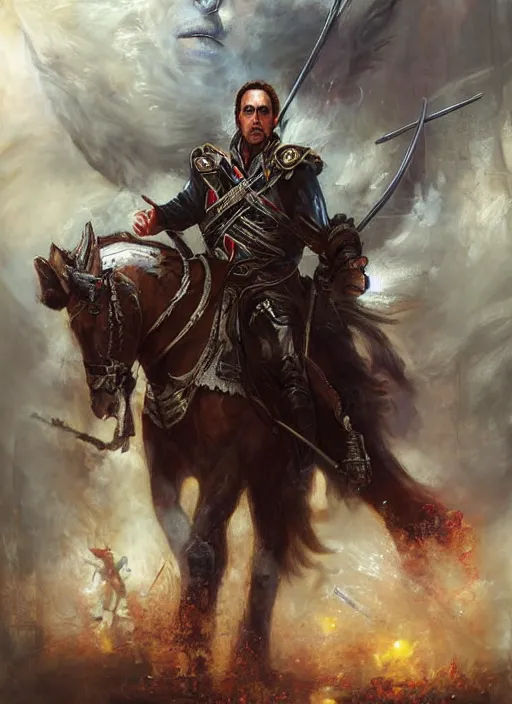 Prompt: nicholas cage as a ranger painted by raymond swanland