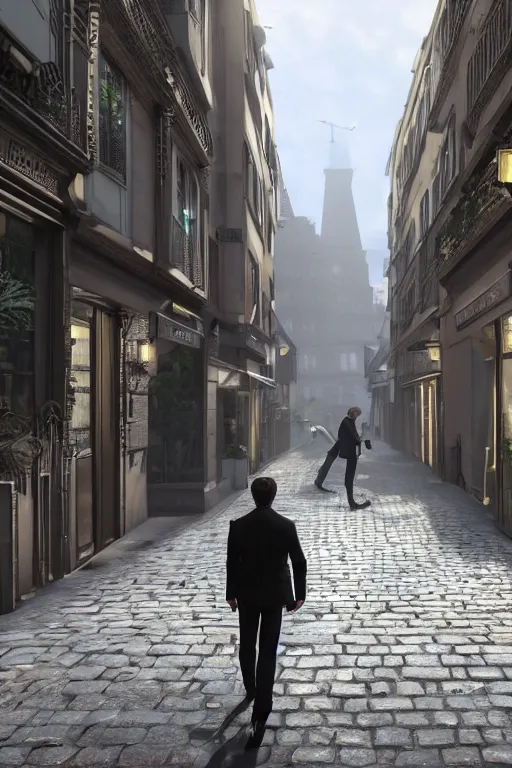 Image similar to in the foreground a Parisian street, in the background a dark-haired man from behind wearing a long matrix style jacket and starting to fly away, realistic, high definition, great detail, dramatic scene, detailed and realistic hands, symmetrical face, realistic eyes, art of unreal engine 5