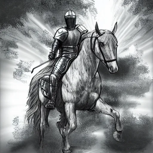 Prompt: computer, draw me a knight on a horse with a dappled light coming through the trees