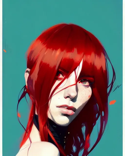 Image similar to a ultradetailed beautiful portrait panting of a stylish woman with red bangs, by conrad roset, greg rutkowski and makoto shinkai, trending on artstation