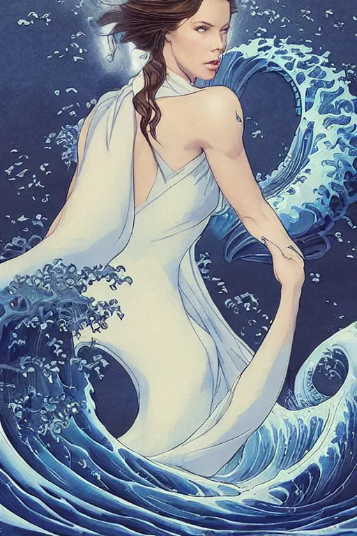 Prompt: kate beckinsdale as a heroine with a dress inspired by the great wave off kanagawa by Hokusai, digital painting, artstation, concept art, smooth, sharp focus, illustration, art by artgerm and donato giancola and Joseph Christian Leyendecker, Ross Tran, WLOP