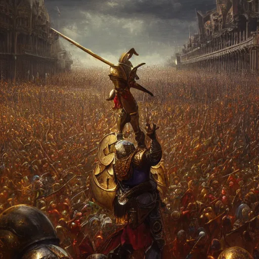 Prompt: artstation concept of a man in armor standing in a crowd gettig cheered, man with arms wide open, bright colorful, gold, hyperdetailed, artstation trending, world renowned artists, worth 1 0 0 0. com, historic artworks society, antique renewel, cgsociety, by greg rutkowski, by gustave dore, deviantart