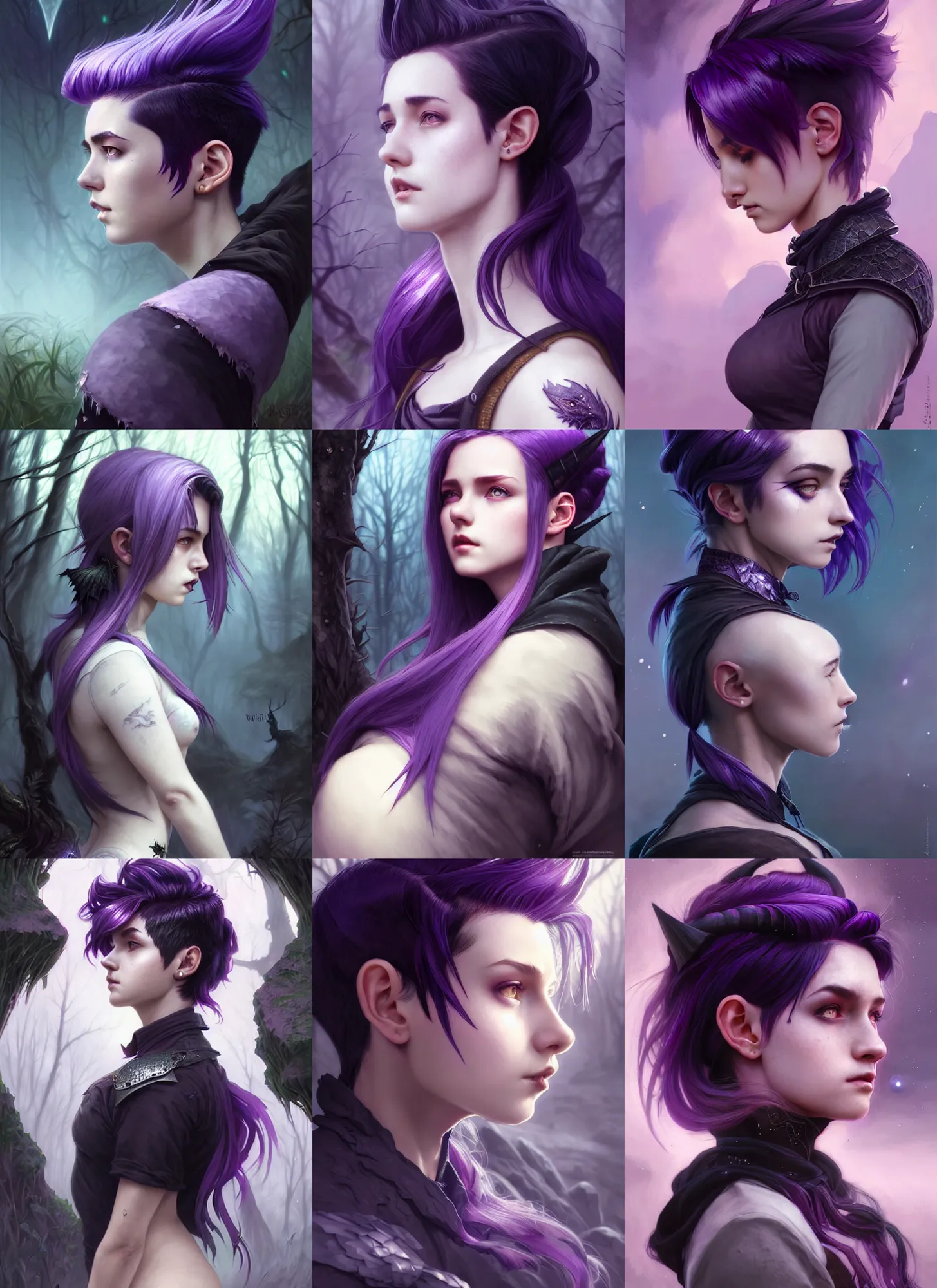 Prompt: side portrait rugged girl, witch school uniform, fantasy forest landscape, dragon scales, fantasy magic, undercut hairstyle, short purple black fade hair, dark light night, intricate, elegant, sharp focus, illustration, highly detailed, digital painting, concept art, matte, art by wlop and artgerm and greg rutkowski and alphonse mucha, masterpiece
