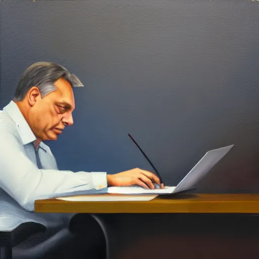 Image similar to viktor orban refactoring code on a laptop in a cubicle, oil painting