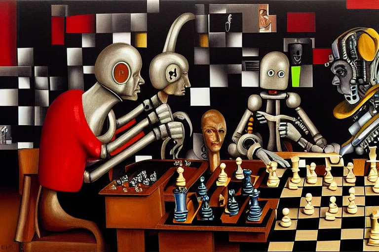 Image similar to portrait of a robot playing chess, highly detailed, painting by otto dix, 8 k