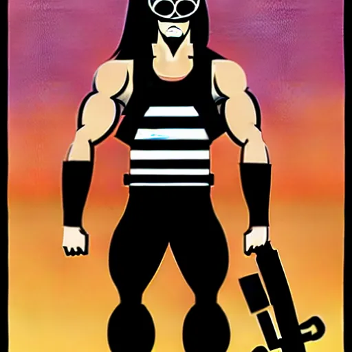 Image similar to muscular man, black vest with no shirt underneath, goggles around his neck, cargo pants, ammo belt, holding a blaster, long black hair in a ponytail, five o' clock shadow, comic book art, full body shot