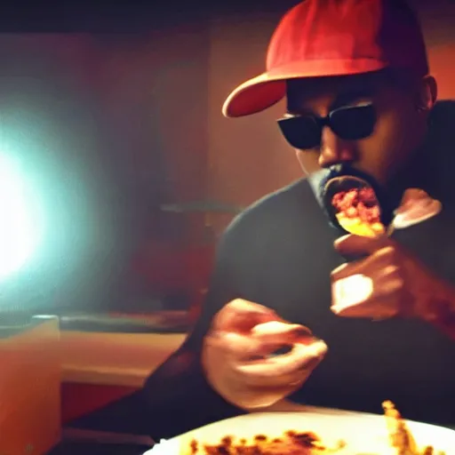 Image similar to blurry, gopro footage of kanye west eating at taco bell, cinematic, volumetric lighting, night, rain