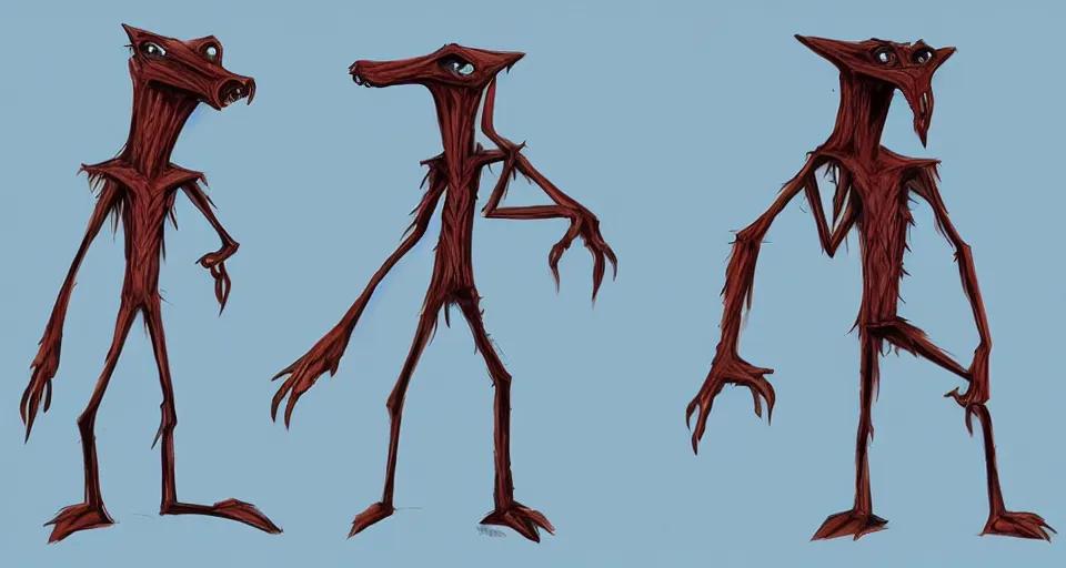 Prompt: concept art of a lean and lanky creature that wears a creepy comedy mask, concept art, turnaround world building, character design