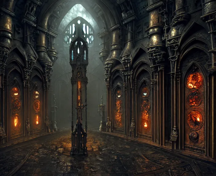 Image similar to steam necropolis, memento mori, gothic, neo - gothic, art nouveau, hyperdetailed copper patina medieval icon, stefan morrell, philippe druillet, ralph mcquarrie, concept art, steampunk, unreal engine, detailed intricate environment, octane render, moody atmospherics, volumetric lighting, ultrasharp, ominous, otherworldly