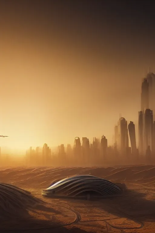 Prompt: sci - fi desert scene in bladerunner with zaha hadid buildings, beksinski, photoreal, highly detailed, 8 k, hd, vray, artstation, trending on behance, cinematic matte painting, extreme detail photo quality, sunrays, sunset, featured on behance