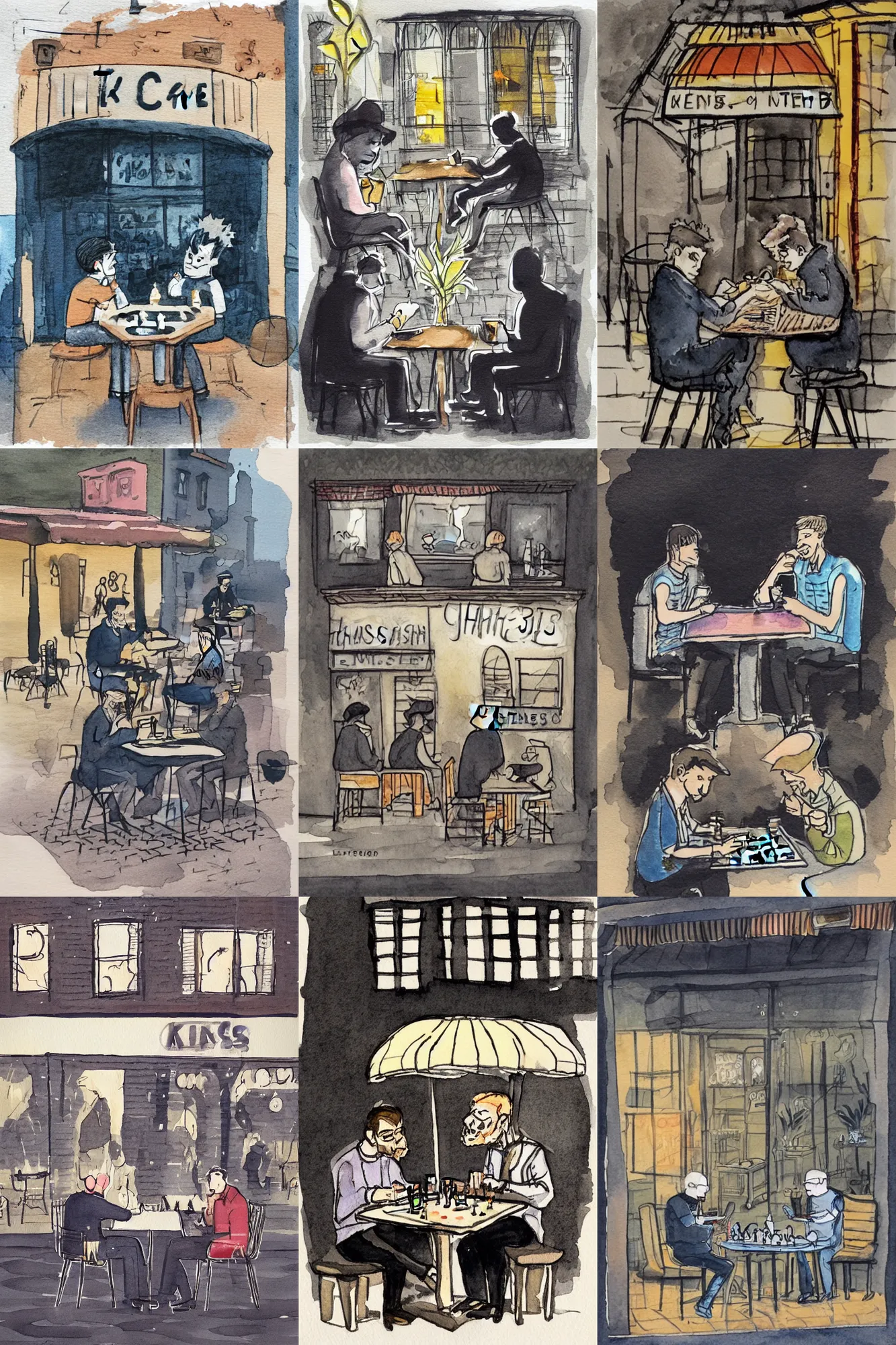 Prompt: Ink and watercolor illustration of !!! two men sitting outside a café at night!!!, !!!playing chess!!!, illustration by Luci Power