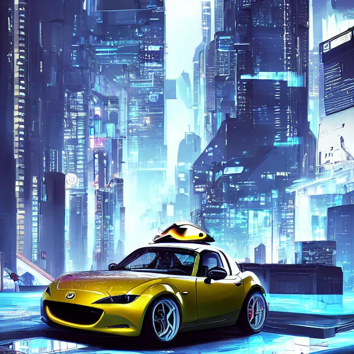 Image similar to a futuristic hovering, cyberpunk mazda miata in cyberpunk city, cyberpunk futuristic digital art concept