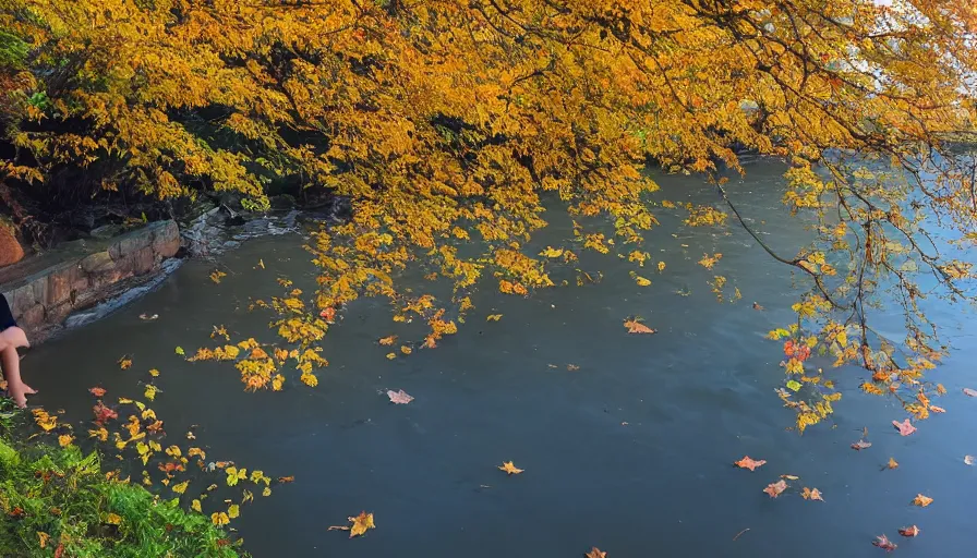 Image similar to a beautiful woman turning into a peaceful river, it's autumn and a gentle breeze is moving leaves around