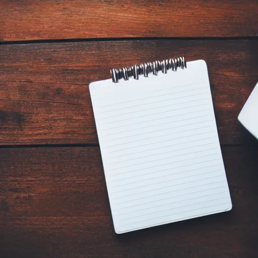 Prompt: notepad next to a coffee mug on hardwood view from above