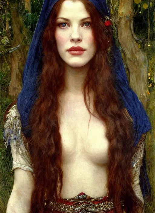 Image similar to a beautiful painting of liv tyler as arwen by John Everett Millais and Dante Gabriel Rossetti and John Collier and john william waterhouse, pre-raphaelite, detailed, trending on artstation, hd, masterpiece