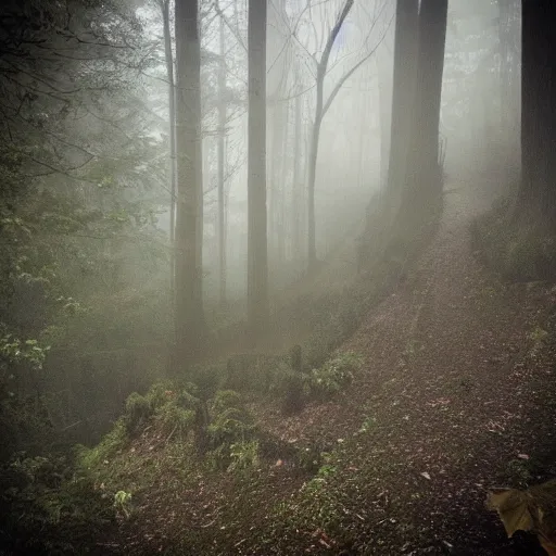 Image similar to creepy spiral stairway in middle of forest, spiral stairs leading to nowhere!, dark foggy misty colors!, dark forest from evil realm